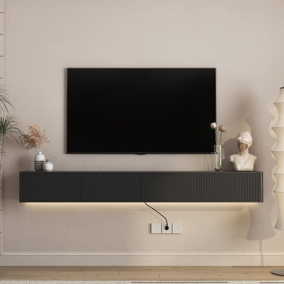 Demi Bonn Floating TV Stand Wall Mounted TV Shelf with LED Lights & Power Outlet High Gloss TV Cabinet Entertainment Center for Living Room, Black