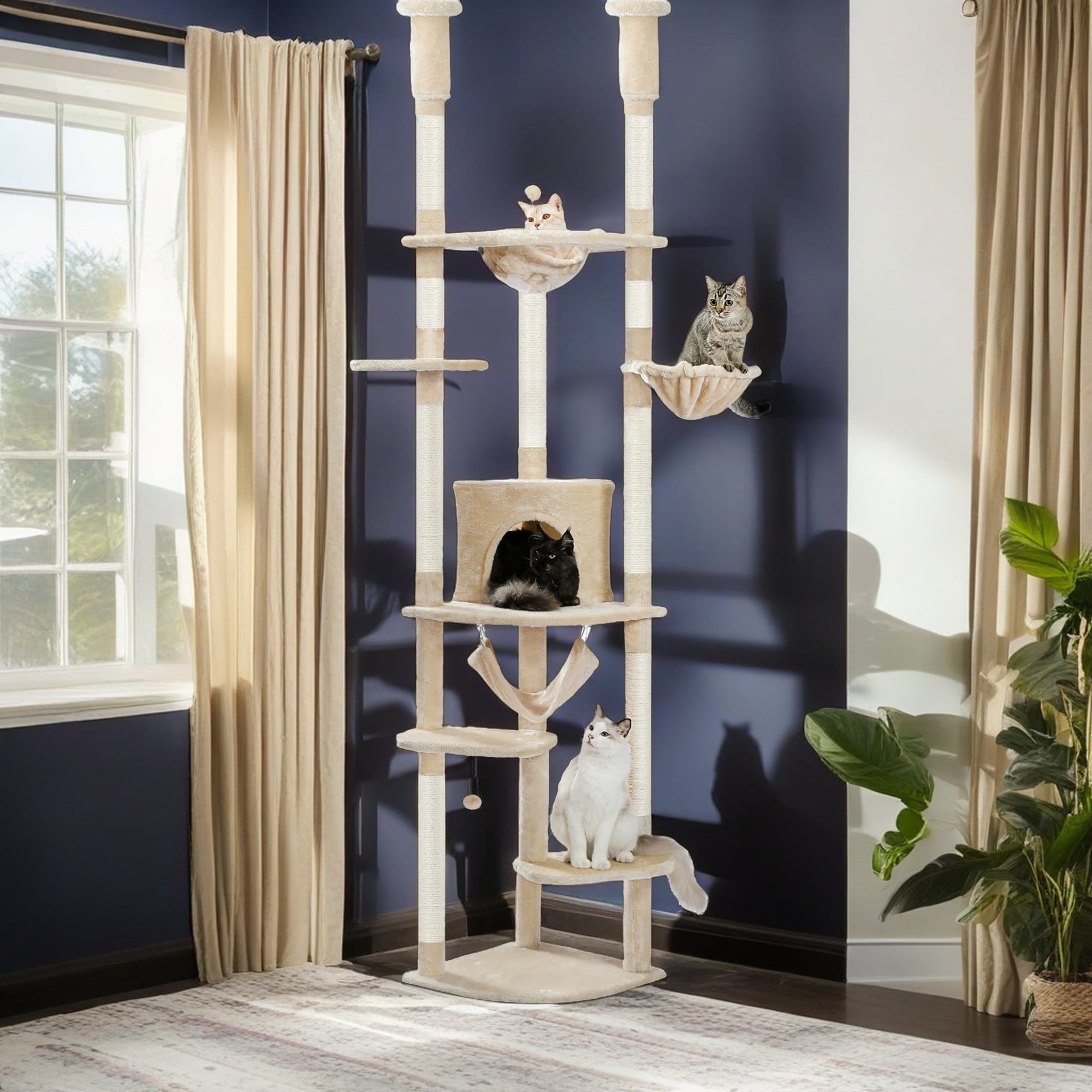 Kadyn Floor to Ceiling Cat Tree for Indoor 92"-101" Height Adjustable Cat Tower, Kitty Climbing Play House with Cozy Cat Condo, Perches and Hammock, Beige