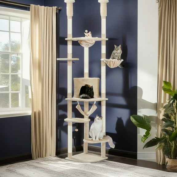 Demi Bonn Floor to Ceiling Cat Tree for Indoor 92"-101" Height Adjustable Cat Tower, Kitty Climbing Play House with Cozy Cat Condo, Perches and Hammock, Beige