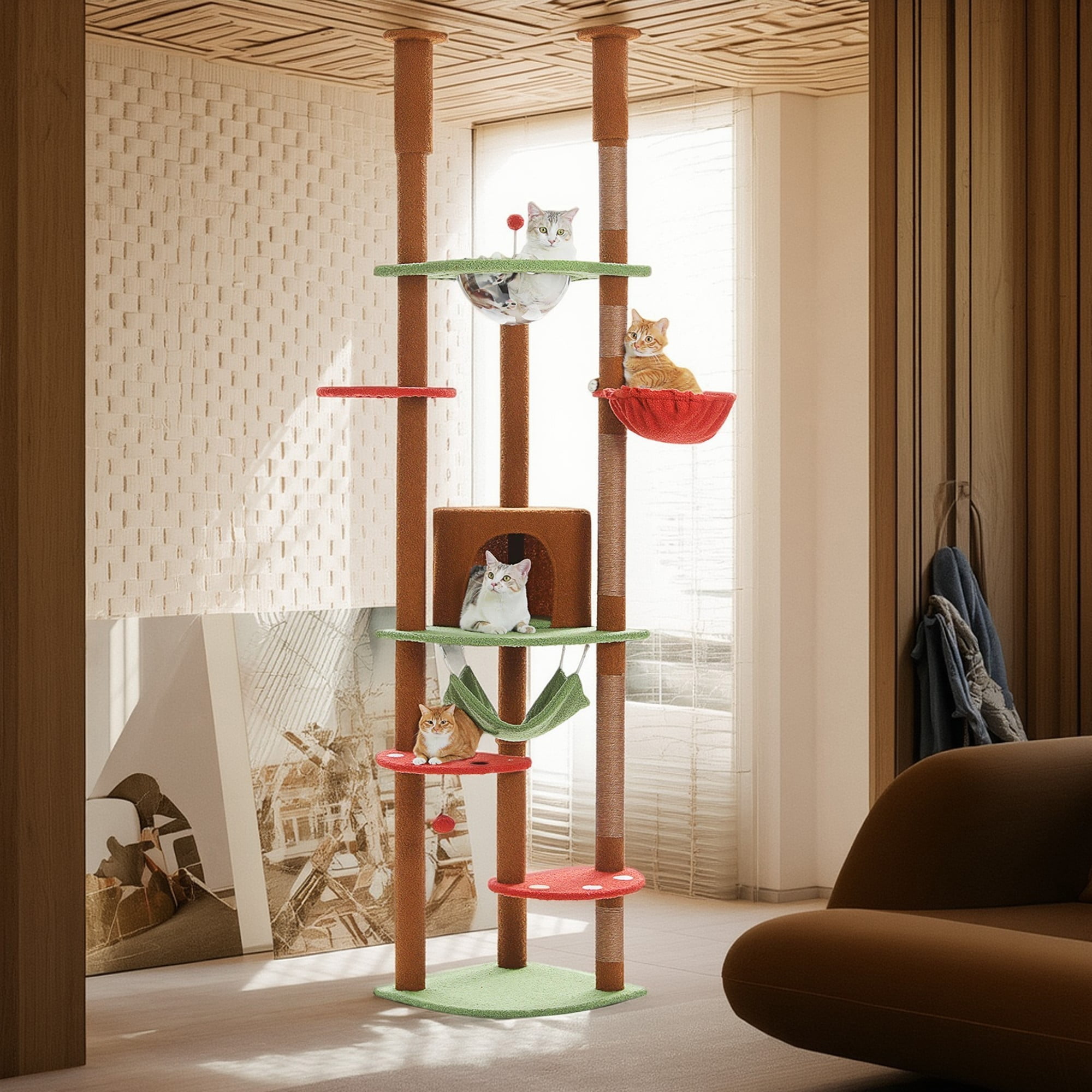 Kadyn Floor to Ceiling Cat Tree for Indoor 92"-101" Height Adjustable Cat Tower, Kitty Climbing Play House with Cozy Cat Condo, Perches and Hammock, Brown
