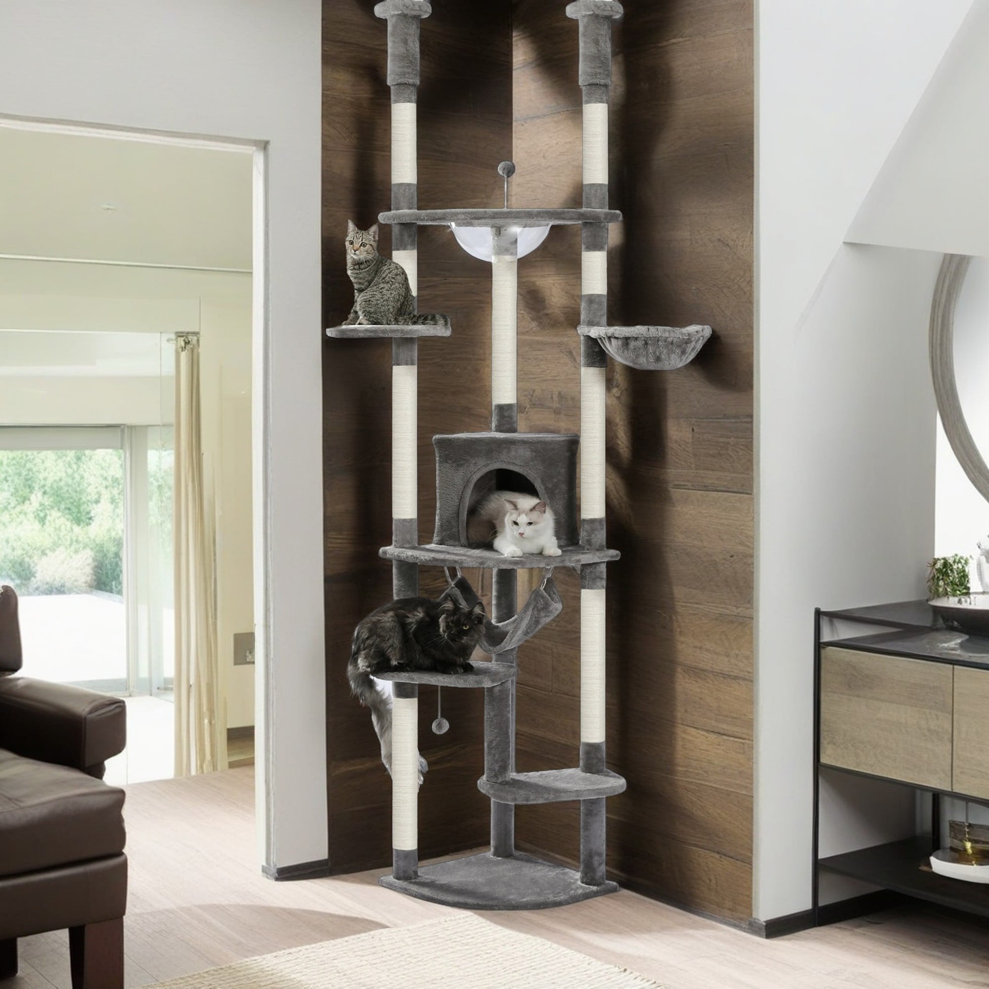 resenkos Floor to Ceiling Cat Tree for Indoor 92"-101" Height Adjustable Cat Tower, Kitty Climbing Play House with Cozy Cat Condo, Perches and Hammock, Gray