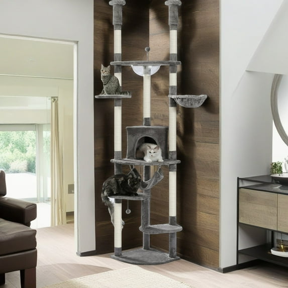 Demi Bonn Floor to Ceiling Cat Tree for Indoor 92"-101" Height Adjustable Cat Tower, Kitty Climbing Play House with Cozy Cat Condo, Perches and Hammock, Gray