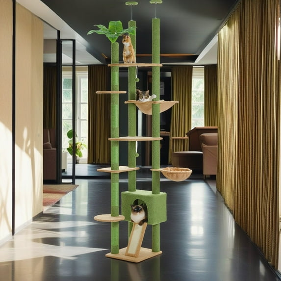 Demi Bonn Floor to Ceiling Cat Tree Tower Ajustable Height (90.5''~100.4'') 6 Tiers Cactus Cat Tree House with Cat Condo Hammock and Sisal Covered Post for Indoor Cats, Green