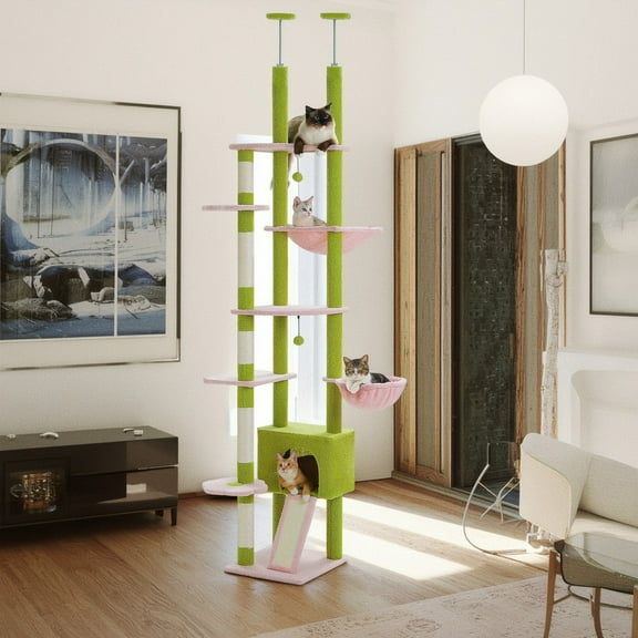 Demi Bonn Floor to Ceiling Cat Tree Tower Ajustable Height (90.5''~100.4'') 6 Tiers Cactus Cat Tree House with Cat Condo Hammock and Sisal Covered Post for Indoor Cats, Green