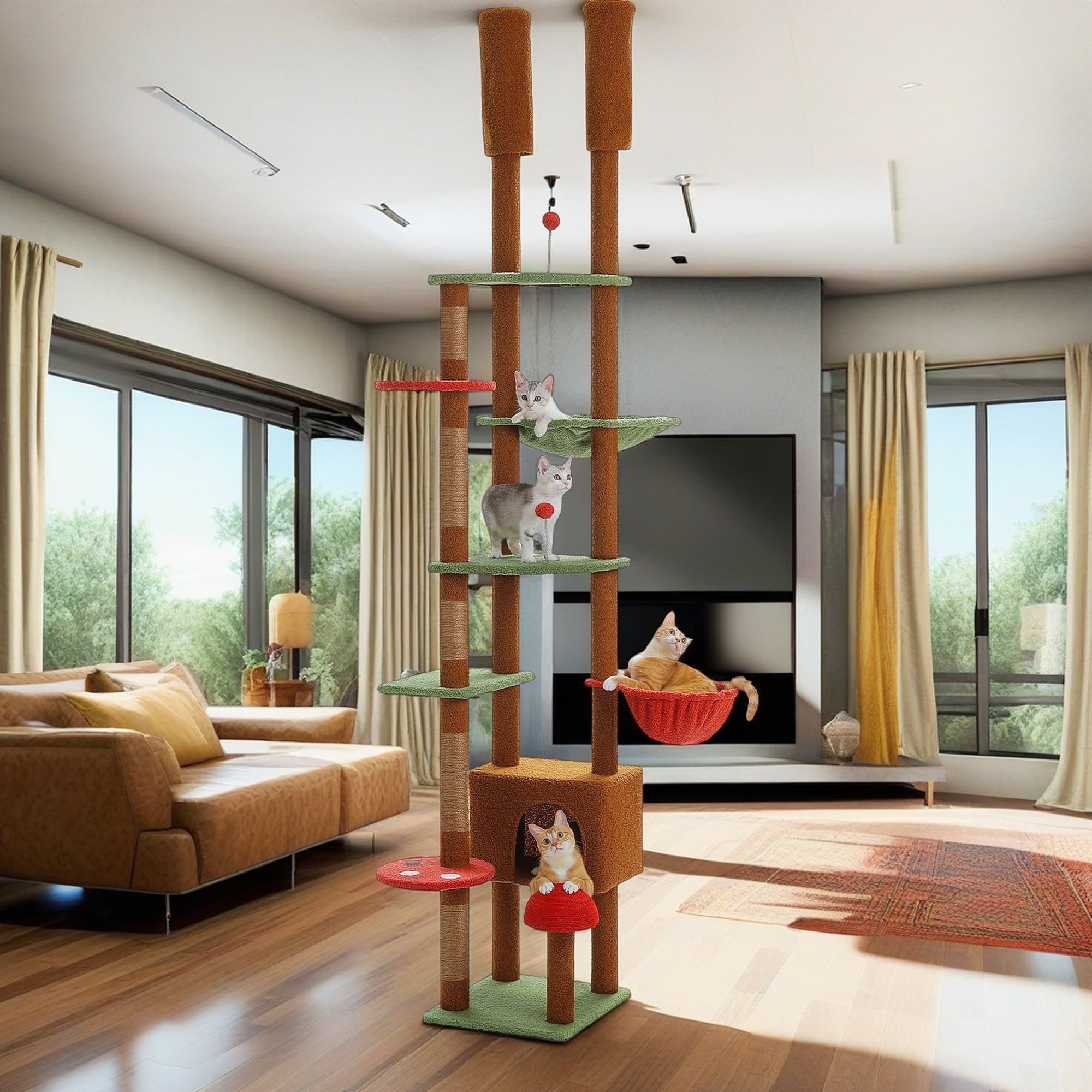 Kadyn Floor to Ceiling Cat Tree Tower Ajustable Height (90.5"-100.4") 6 Tiers Cat Tree House with Cat Condo Hammock and Sisal Covered Post for Indoor Cats, Brown