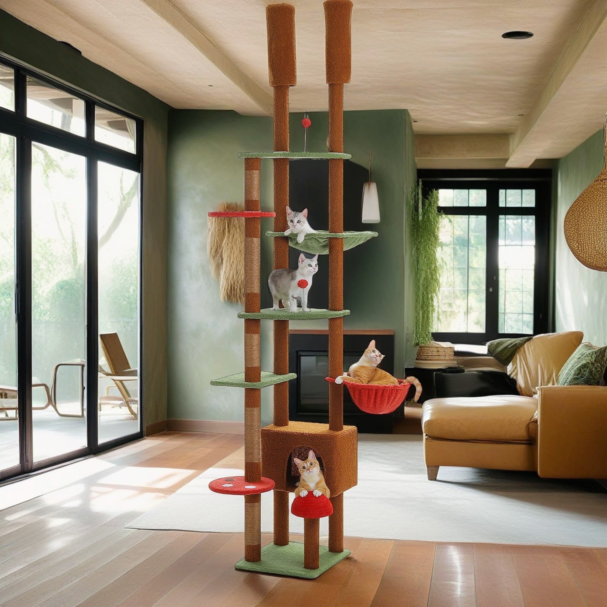 Kadyn Floor to Ceiling Tall Cat Tree Tower Adjustable (90.5"-100.4") with Cat Condo, Cat Hammock and Scratching Post, Cat Climbing Tree for Indoor Large Cats, Brown