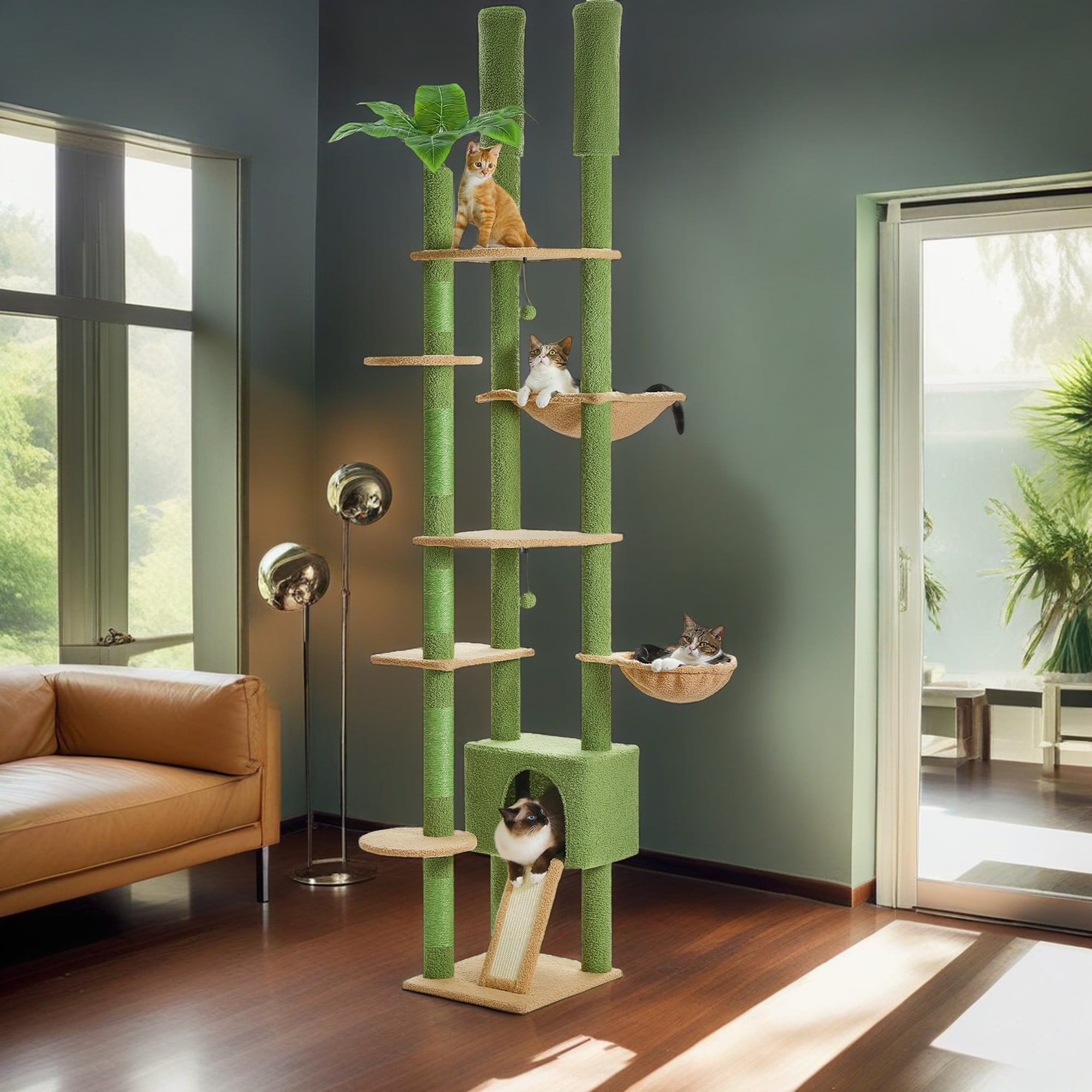 resenkos Floor to Ceiling Tall Cat Tree Tower Adjustable (90.5''~100.4'') with Cat Condo, Cat Hammock and Scratching Post, Cat Climbing Tree for Indoor Large Cats, Green