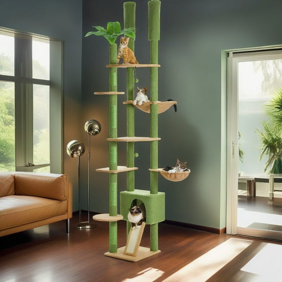 Demi Bonn Floor to Ceiling Tall Cat Tree Tower Adjustable (90.5''~100.4'') with Cat Condo, Cat Hammock and Scratching Post, Cat Climbing Tree for Indoor Large Cats, Green