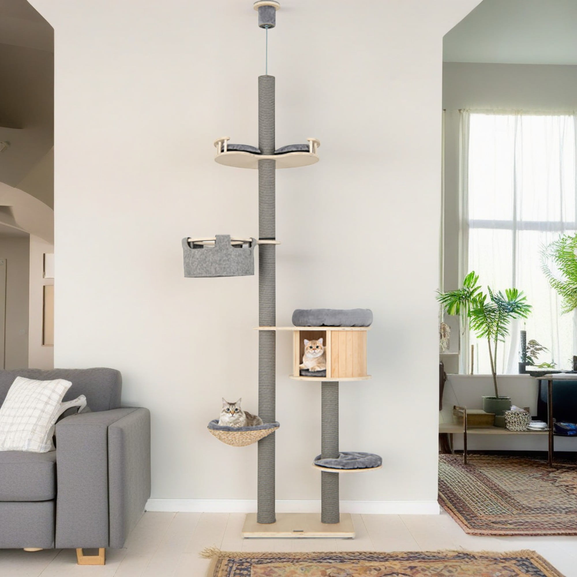 resenkos Floor to Ceiling Cat Tree Ajustable Height 100"-110", 6 Tiers Tower with Cat Condo Hammock and Sisal Covered Post for Indoor Cats, Gray
