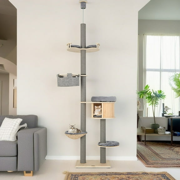 Demi Bonn Floor to Ceiling Cat Tree Ajustable Height 100"-110", 6 Tiers Tower with Cat Condo Hammock and Sisal Covered Post for Indoor Cats, Gray