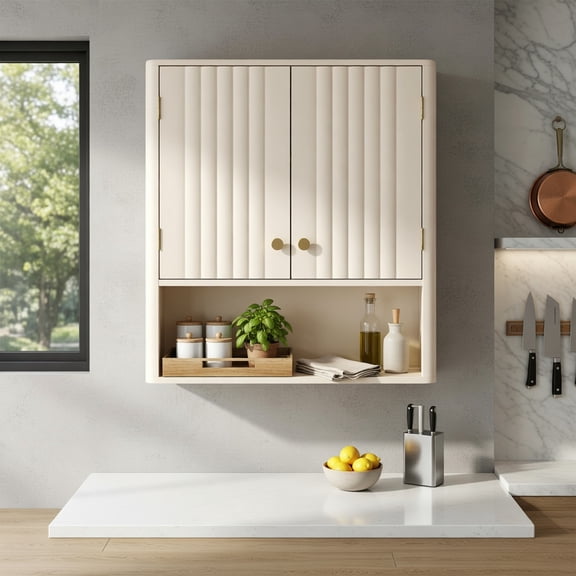 Demi Bonn Fluted Bathroom Wall Cabinet, Open Shelf, Waterproof Surface, Beige