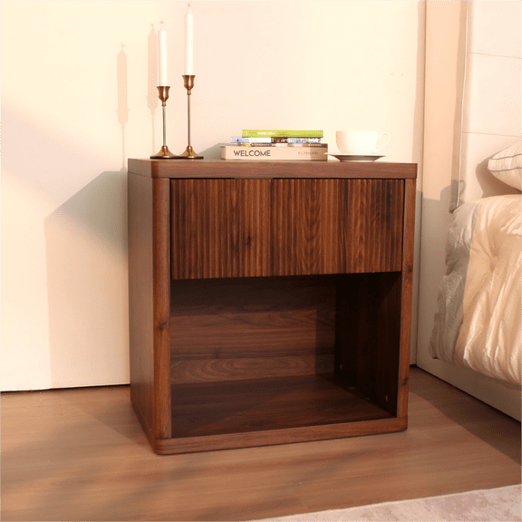 Demi Bonn Fluted Night Stand, Drawer Storage Mid Century Bedside Table for Bedroom Living Room, Walnut