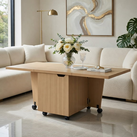 Demi Bonn Foldable Coffee Table - Storage Cabinet, Extendable Top, Lockable Wheels, Oak