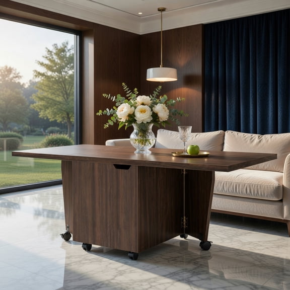 Demi Bonn Foldable Coffee Table - Storage Cabinet, Extendable Top, Lockable Wheels, Walnut
