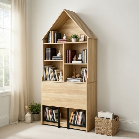Demi Bonn Foldable Craft Desk with Storage Shelves, Convertible Hideaway Desk & Bookshelf Combo for Small Spaces, Space-Saving Vanity, Study, or Makeup Desk, Natural