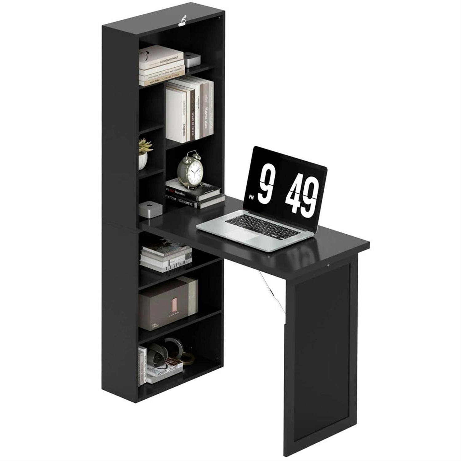 Demi Bonn Folding Computer Desk with Blackboard, Wall-Mounted Home Office, Desk with Side Shelf, Space-Saving, Black