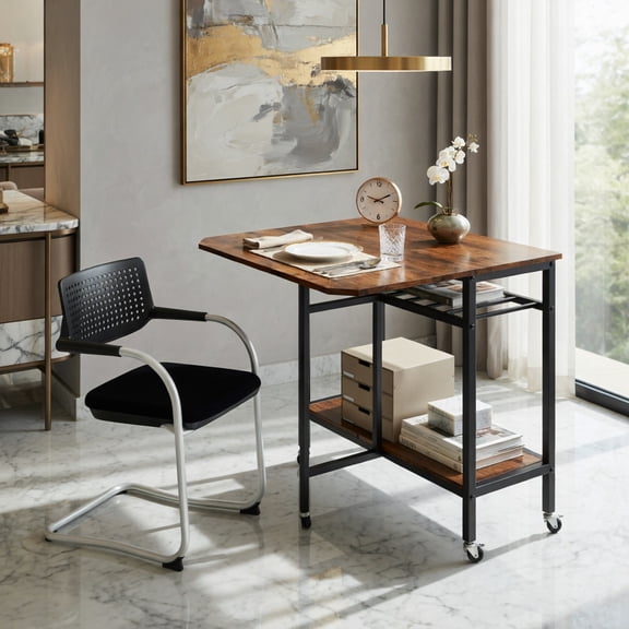 Demi Bonn Folding Dining Table with Expandable Laptop Table, Wine Rack and Wheels, Multifunctional Table for Kitchen Dining Room Small Apartment, Rustic Brown