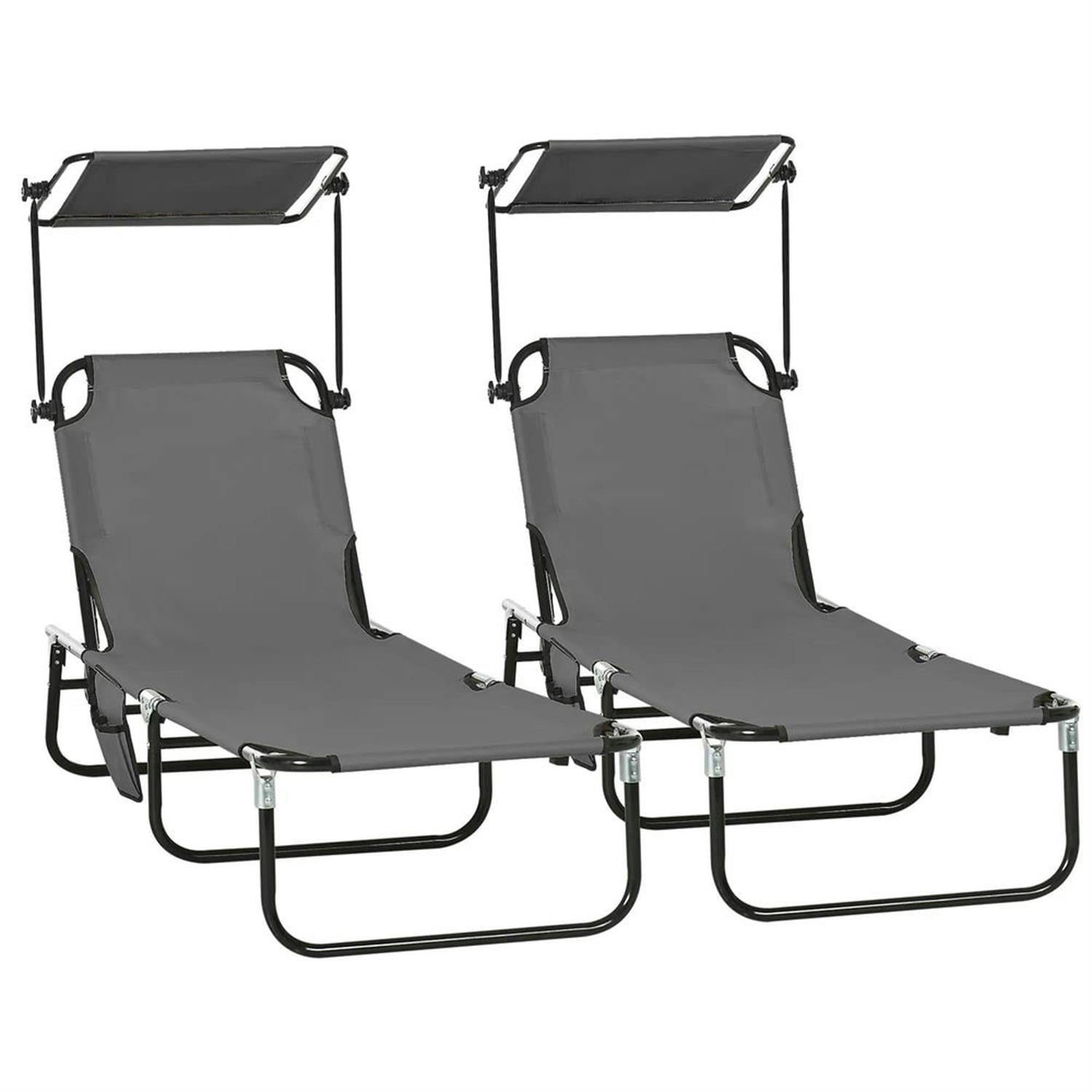 Demi Bonn Folding Pool Chaise Lounge Chairs Set of 2 with Sunshade, Reclining Back, Durable Steel Frame Relaxation, Weatherproof Outdoor Patio Seating, Gray