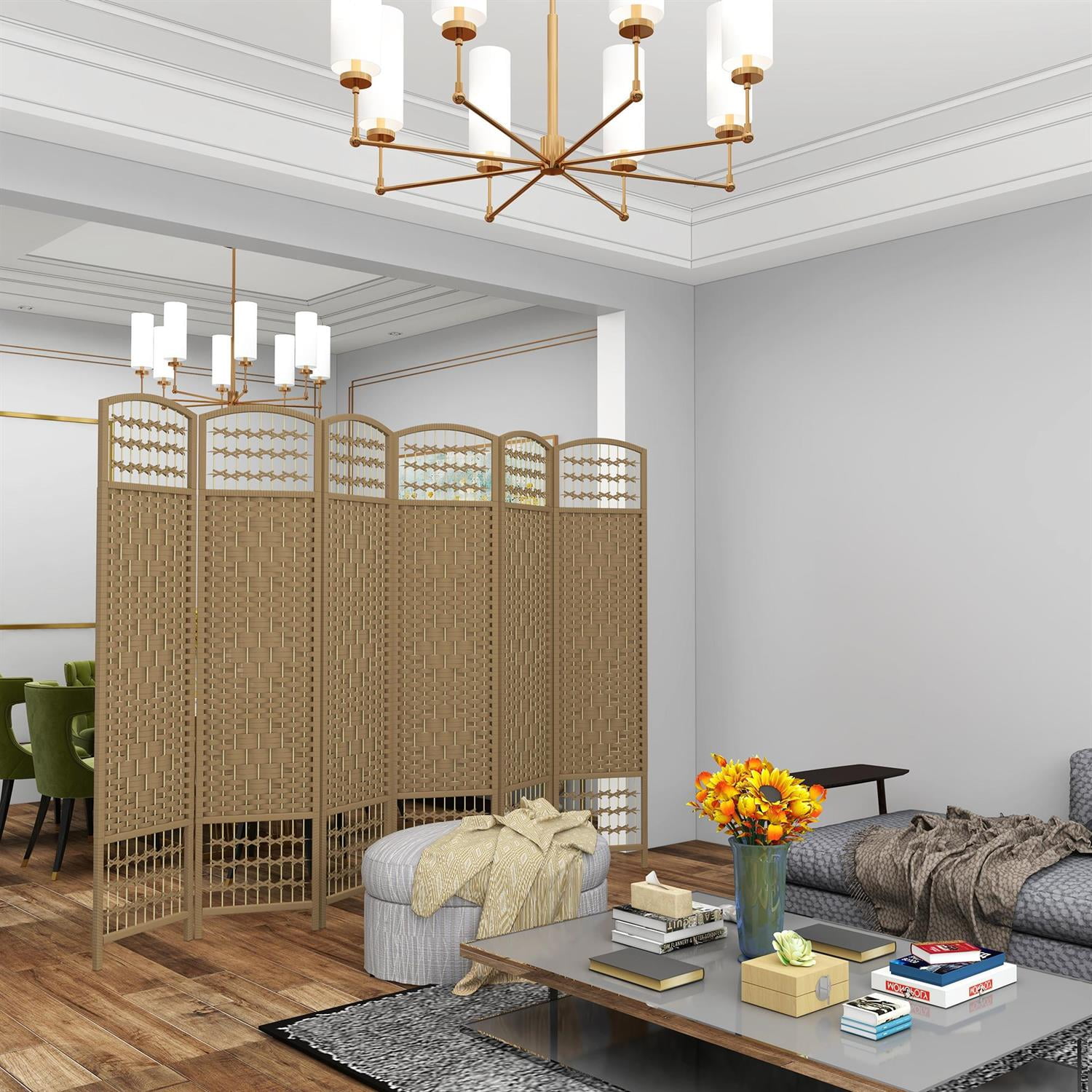 Demi Bonn Folding Room Divider Screen with 6 Panels, 67" Portable Privacy Screen, Wave Fiber Material for Home Office Partition, Beige