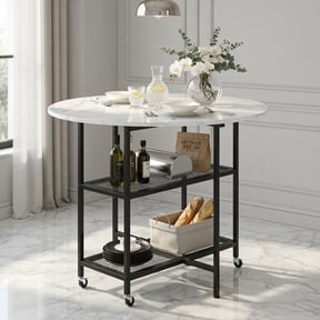 Demi Bonn Folding Round Dining Table,Lockable Wheels 2 Drop-Leaf Panels,2 Storage Shelves,Waterproof,White