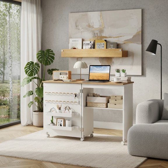 Demi Bonn Folding Sewing Table with Storage Shelf 5 Lockable Wheels Barn Door Design Magnetic Catch Storage Trays Pegs Multi-Function Craft Desk, Natural and White