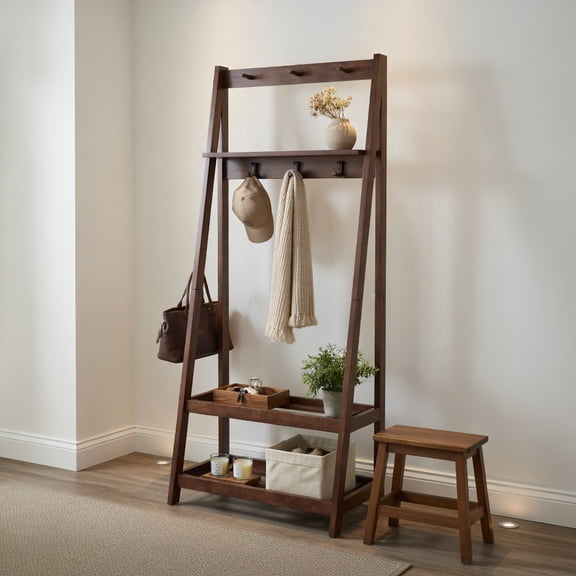 Demi Bonn Freestanding Clothes Rack Solid Rubber Wood A-Shaped Frame 3 Hooks 2 Spacious Shelves Splinter-Free Surface No Wall Mounting Easy Assembly, Walnut