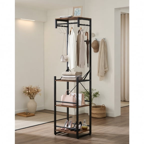 Demi Bonn Freestanding Coat Rack, 4 Storage Shelves & 6 Hooks, Anti-Tip Devices, Rustic Brown