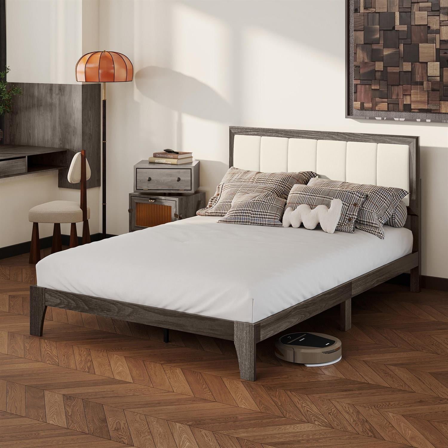 Demi Bonn Full Size Bed Frame with Headboard, Wood Slats & Modern Platform Style Without a Box Spring, Gray