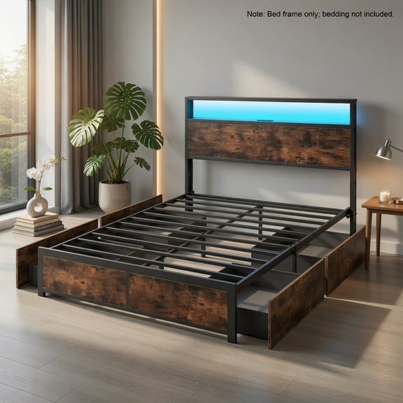Demi Bonn Full Size LED Bed Frame, RGB LED Lights (Music/Timer Modes), Charging Station, 4 Foldable Storage Drawers, Rustic Brown & Black