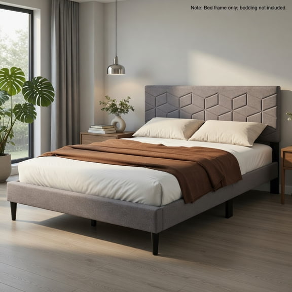 Demi Bonn Full Size Modern Platform Bed, Linen Upholstered Headboard, Geometric Quilting, 10 LVL Slats, Low-Profile Design, Dark Gray
