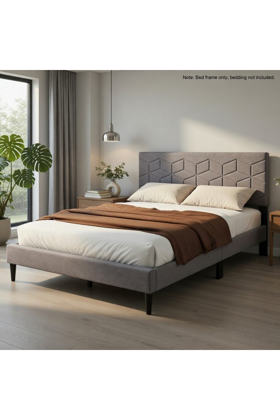 Full Size Modern Platform Bed, Linen Upholstered Headboard, Geometric Quilting, 10 LVL Slats, Low-Profile Design, Dark Gray
