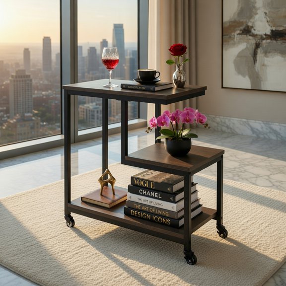 Demi Bonn G-Shaped 3-Tier Side Table, Open Storage Shelves, 4 Universal Casters, Gray