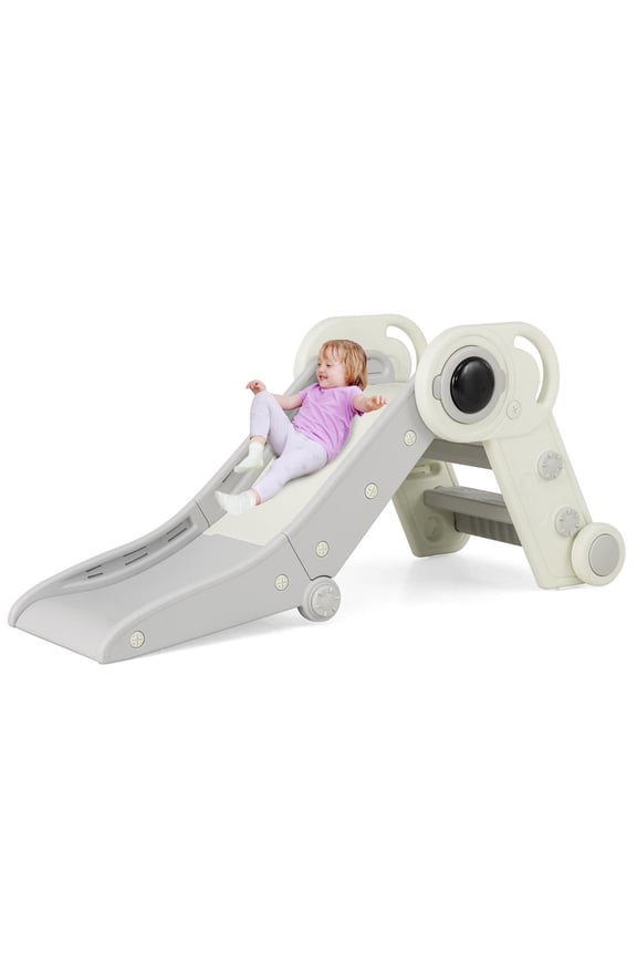 Gray 2-in-1 Toddler Slide & Climber, Foldable Storage, Buffer Zone, Non-Slip Pedals