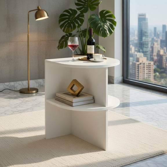 Demi Bonn Half Round End Table with Open Shelves, Compact Accent Table for Small Space Bedroom Living Room, Smooth Surface Anti-Slip Foot Pads, White