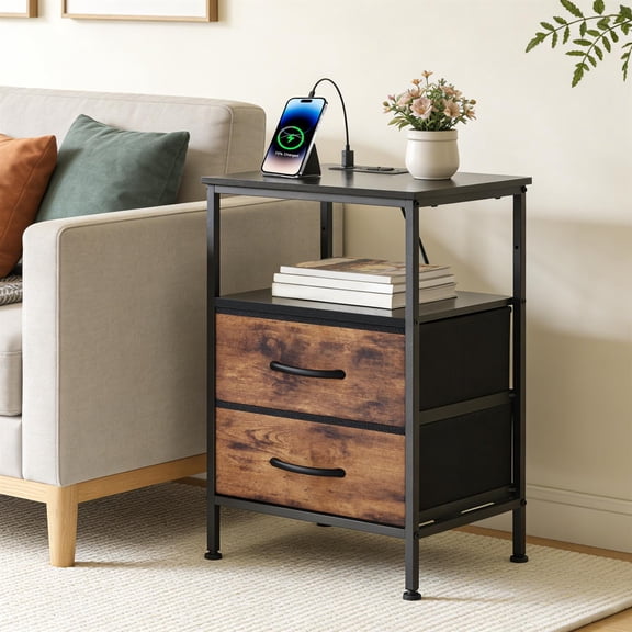 Demi Bonn Household End Table, Double Fabric Drawers, Charging Function, Bedroom & Living Room, Brown