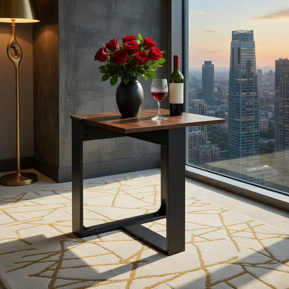 Demi Bonn Industrial Sofa End Table, Metal Frame, T-Shaped Base, 1-Piece, Brown
