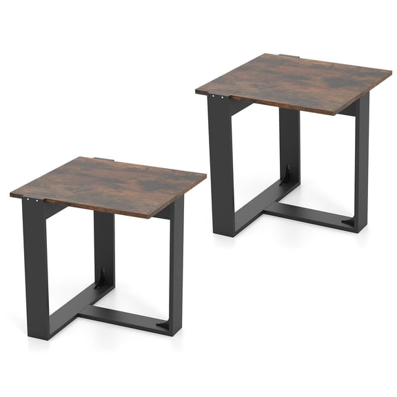 Demi Bonn Industrial Sofa End Table, Metal Frame, T-Shaped Base, 2-Piece Set, Brown