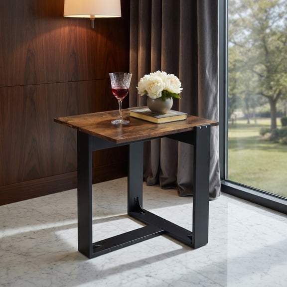 Demi Bonn Industrial Sofa End Table, Metal Frame, T-Shaped Base, 2-Piece Set, Brown