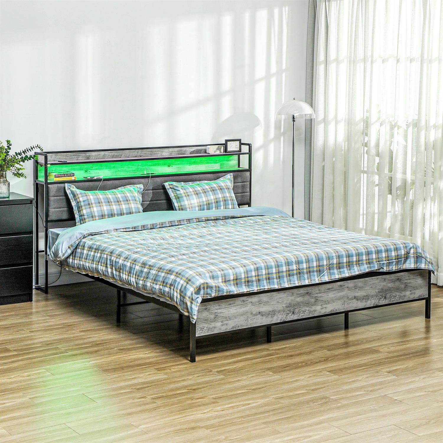 Demi Bonn King Bed Frame with Modern Storage Headboard, LED Lighted Bedframe with Charging Station for Bedrooms, Gray