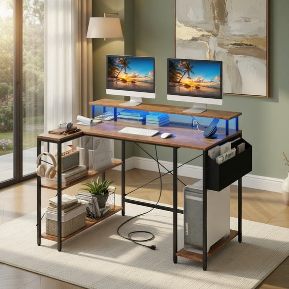 Demi Bonn L-Shaped Gaming Desk, RGB LED, Adjustable Brightness, with LED Lights and Power Outlets-Rustic Brown