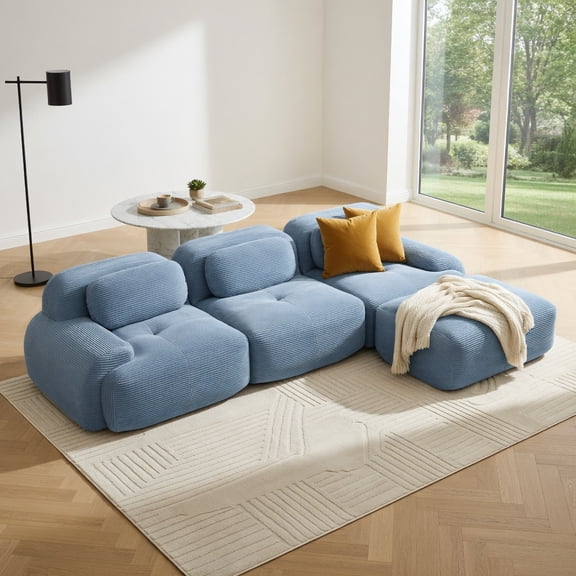 Demi Bonn L-Shaped Modular Sofa, Pet-Friendly Corduroy Fabric, Extra-Wide Curved Armrests, 32D High-Resilience Sponge, Ergonomic Design, No Assembly, for Living Room Bedroom, Blue