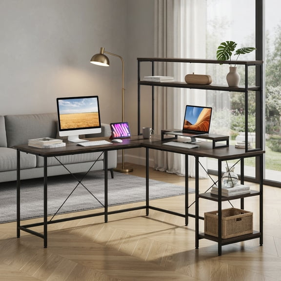 Demi Bonn L-Shaped Reversible Gaming Desk, Ergonomic Monitor Stand, Cable Management, with LED Strip and Power Outlets Hutch Monitor Stand-Gray