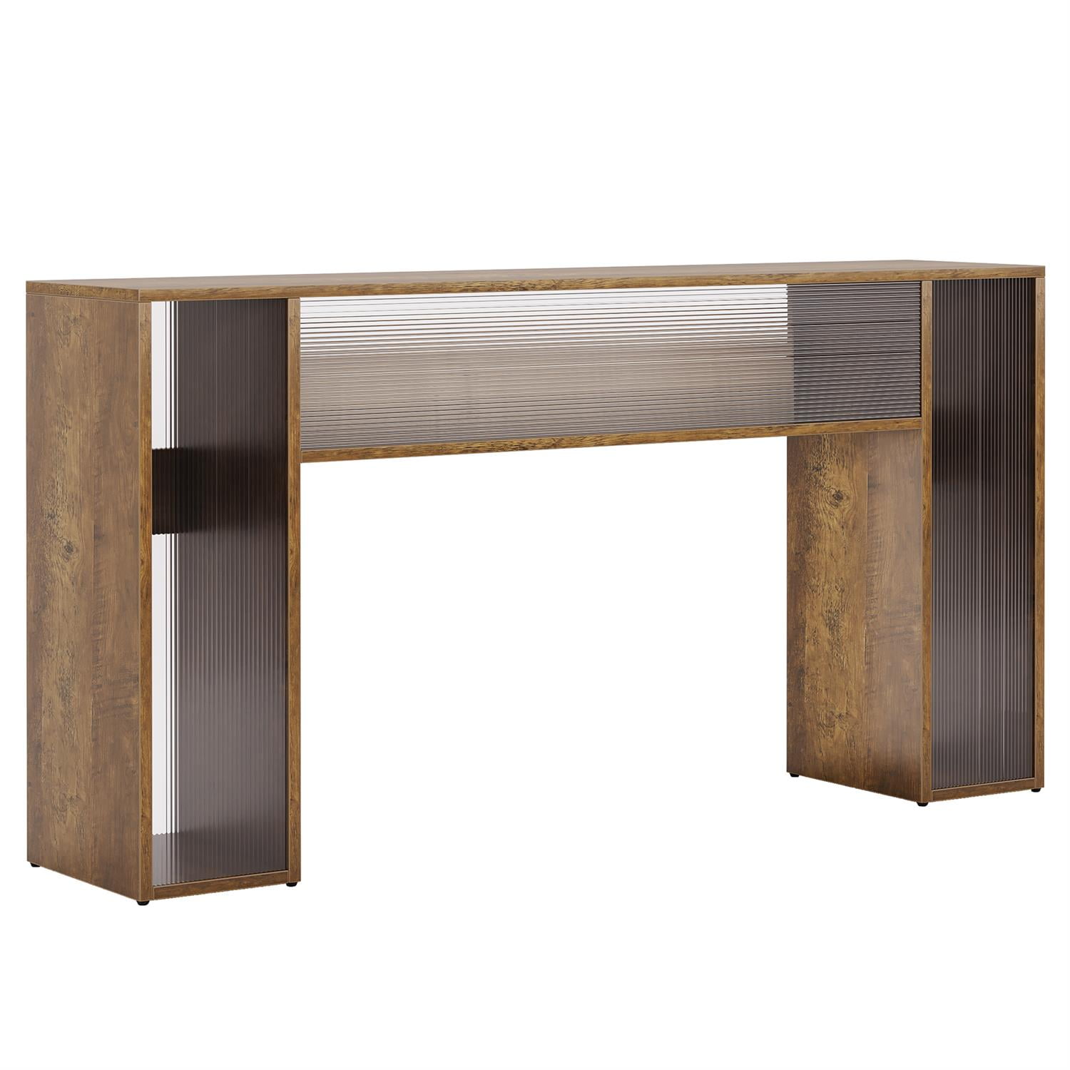 Demi Bonn LED-Lit Console Table, Wooden & Ribbed Glass Entryway Table, Stylish Hall Display for Living Room, Brown