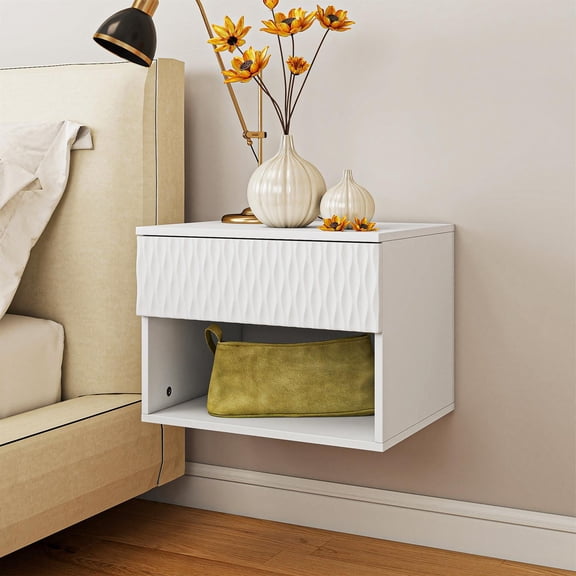 Demi Bonn Double-Mounted Wall Floating Nightstand with Wave Pattern, 25kg Load Capacity, White