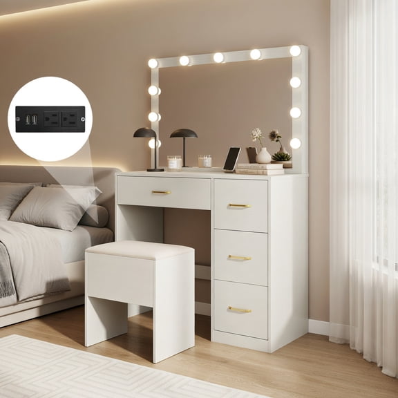 Demi Bonn Lighted Vanity Desk, LED Dimmable Mirror Charging Port, 4 Drawers Hidden Storage Stool, White