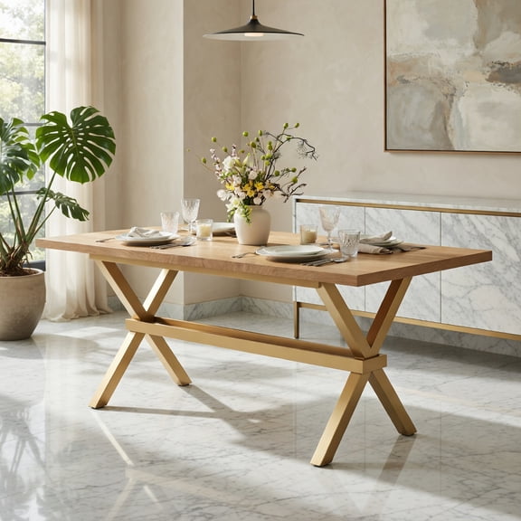 Demi Bonn MDF Dining Table with X-Frame, 71" Industrial Modern Extendable Table for 6–8 People, Includes Hidden Storage & Reinforced Crossbeam, Brown