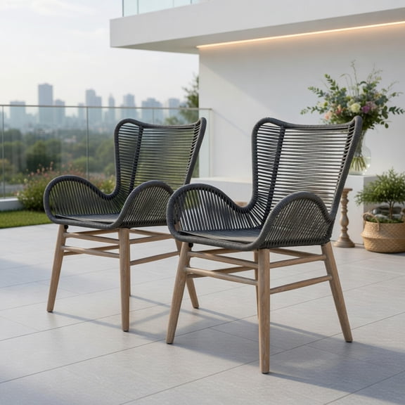 Demi Bonn Mateo Light Eucalyptus Charcoal Rope Outdoor Dining Chair Weather Resistant Polyester Upholstery Indoor Outdoor Easy Assembly Patio Furniture, Charcoal