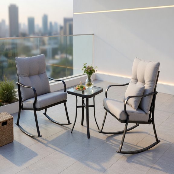 Demi Bonn Medium Grey Rocker Bistro Set Outdoor Patio Rocking Chair Tea Table Ergonomic Rock Design Steel Frame Weather Resistant Cushion Furniture