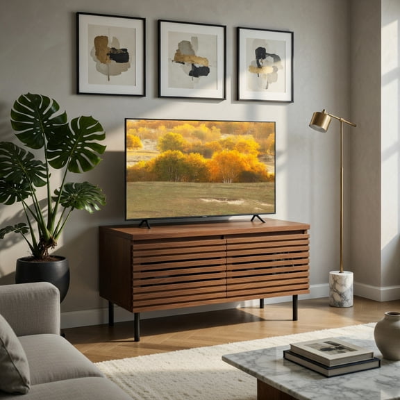 Demi Bonn Mid Century Fluted TV Stand for 40" TV with 2 Hidden Compartments & Metal Legs, Compact Retro Media Console for Bedroom Living Room, Walnut
