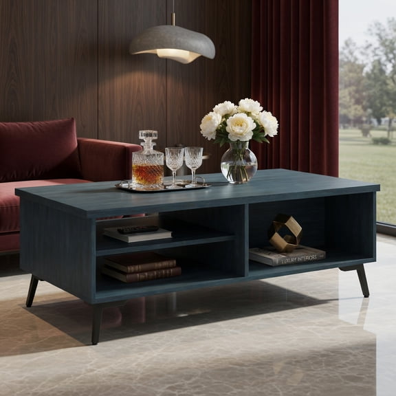 Demi Bonn Mid-Century Modern 2-Tier Coffee Table - Storage Shelves & Compartments, 5-Point Support, Blue